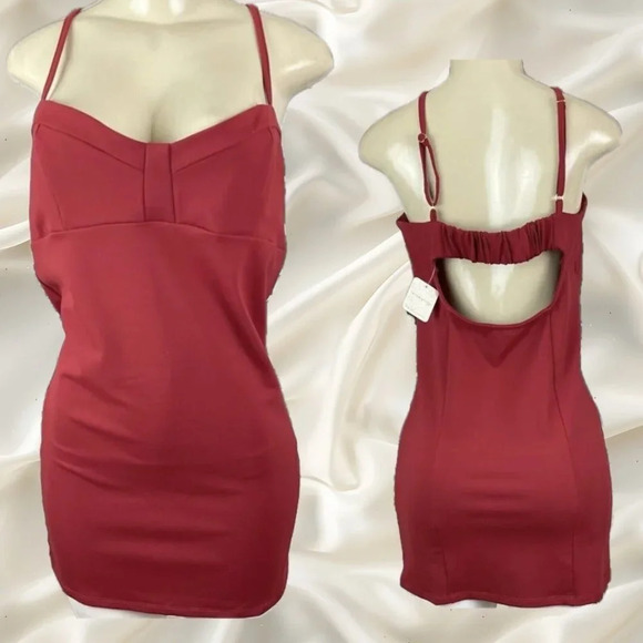 Free People L Crimson Red Sweetheart Neckline Cut-Out Back Body-Con Mini Dress - Picture 1 of 6